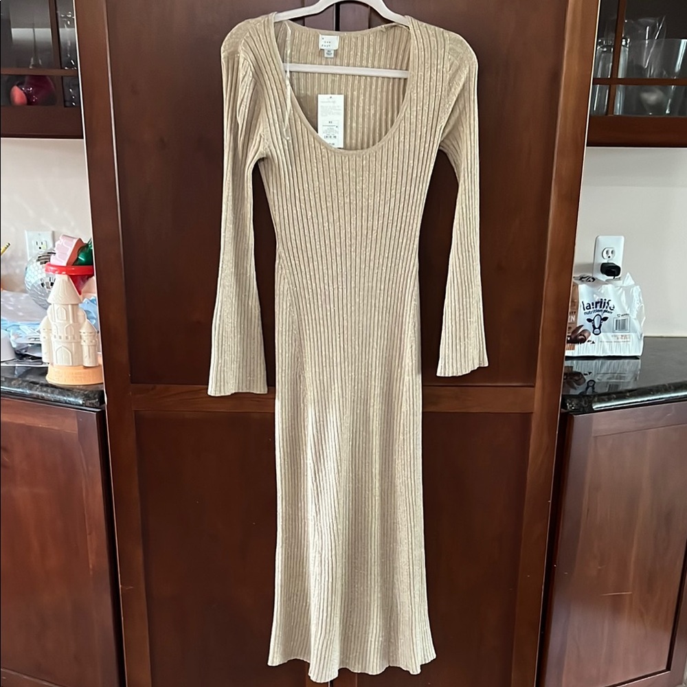 A New Day Tan Ribbed Sheath Dress with Bell Sleeves